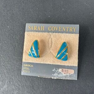 VTG NWT Sarah Coventry Earrings Turquoise Gold Triangle Surgical Steel‎ Posts